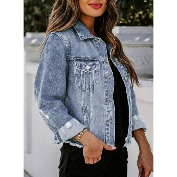 Women's Boyfriend Washed Crop Denim Jean Jacket Coat Casual Slim Fit Sky Blue - Picture 4 of 6